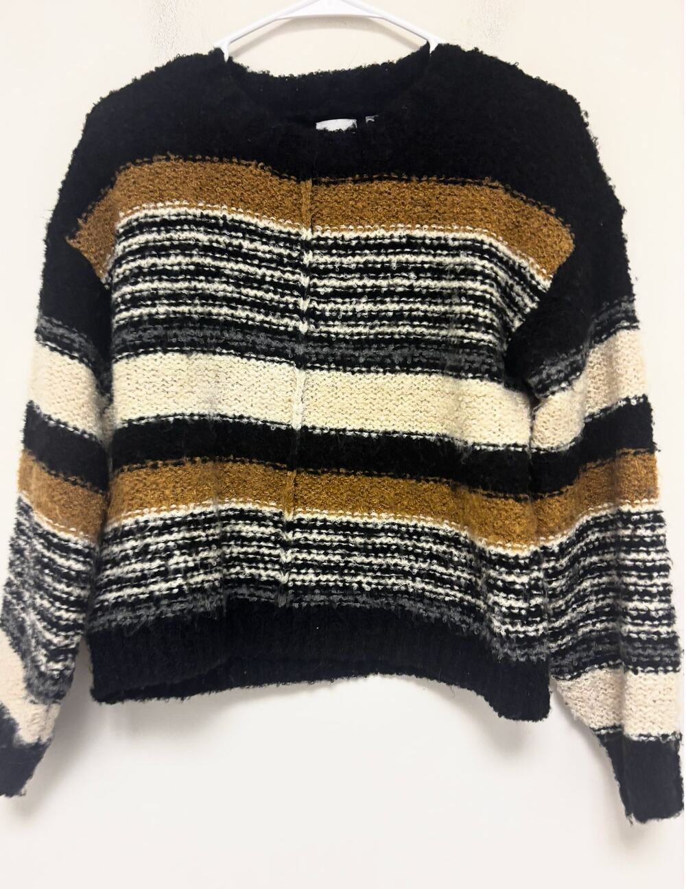 OC Women’s Striped Boucle Sweater Black Brown Cream Chunky Knit Pullover
